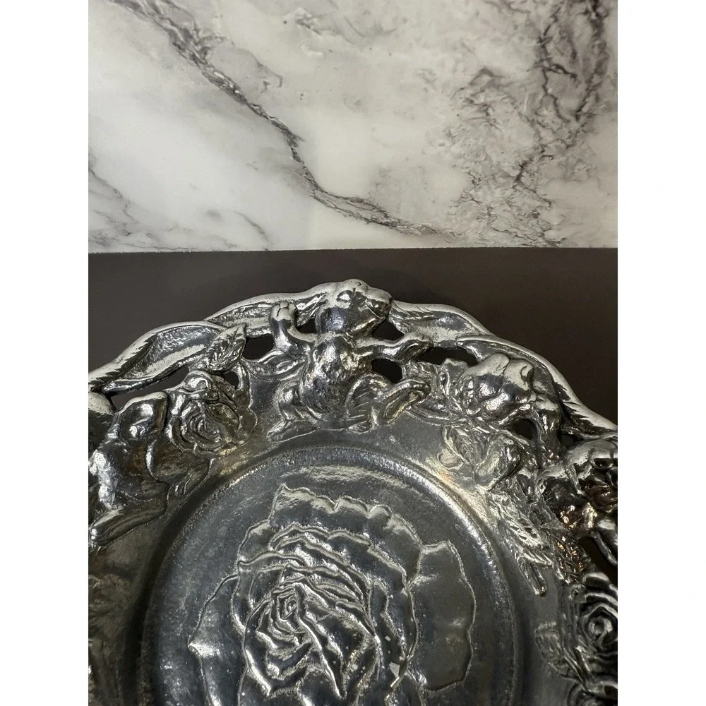 1995 Arthur Court Aluminum Bunny Rabbit and Rose Flower Bowl